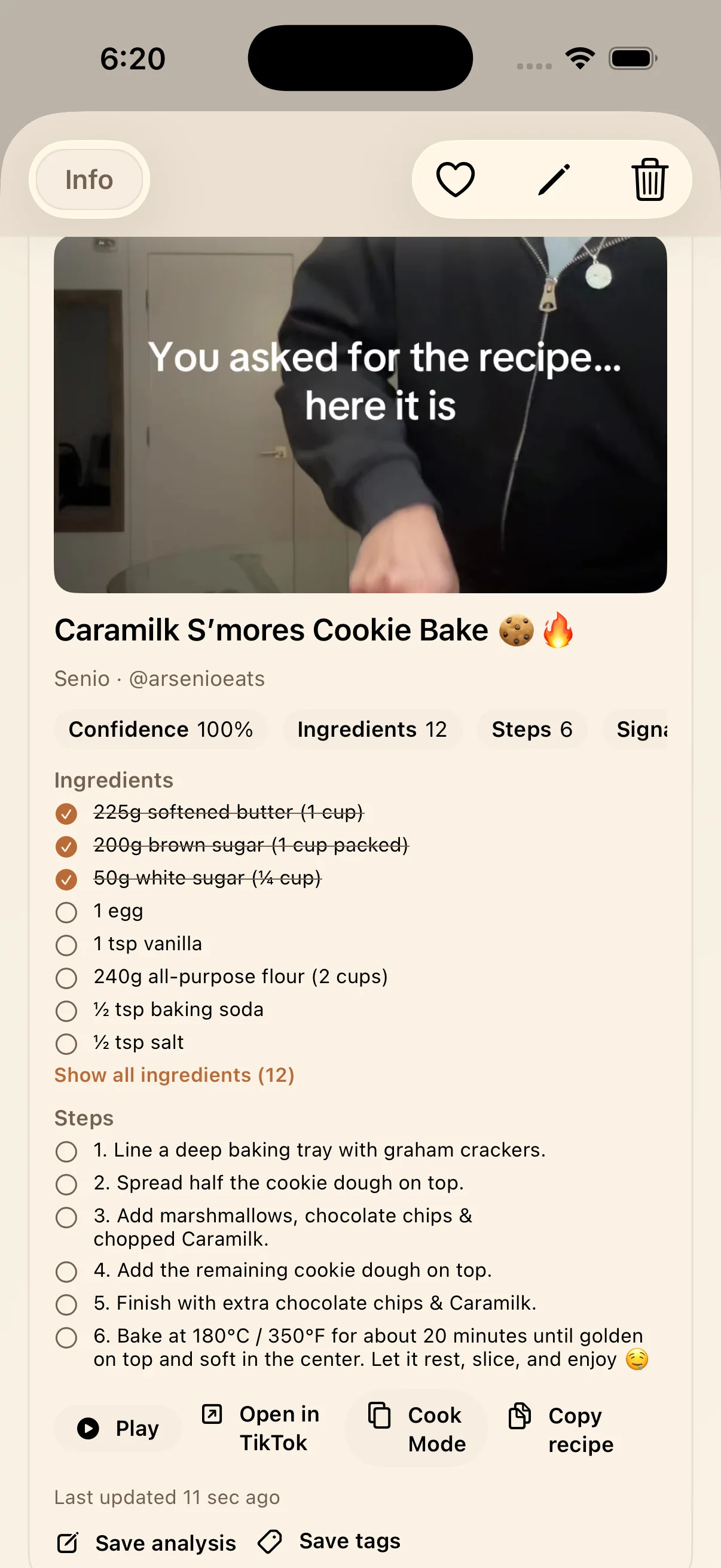 LinkBook ingredient checklist for a saved recipe imported from TikTok