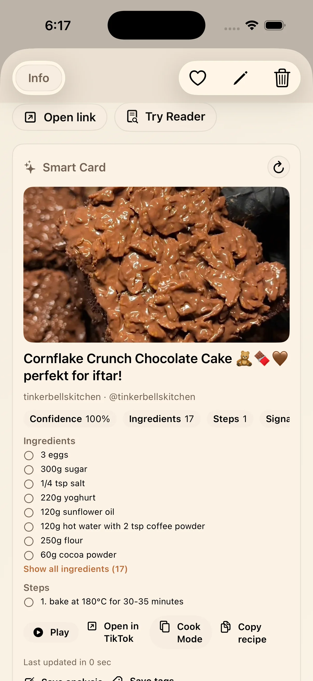 LinkBook TikTok recipe Smart Card for cornflake crunch chocolate cake with ingredients and steps